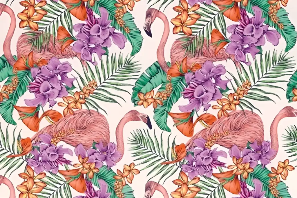 Flamingo Club : tissu d'ameublement en coton imprimé d'un motif original et rétro à base de flamants roses et de fleurs tropicales imaginé par le créateur de mode Matthew Williamson