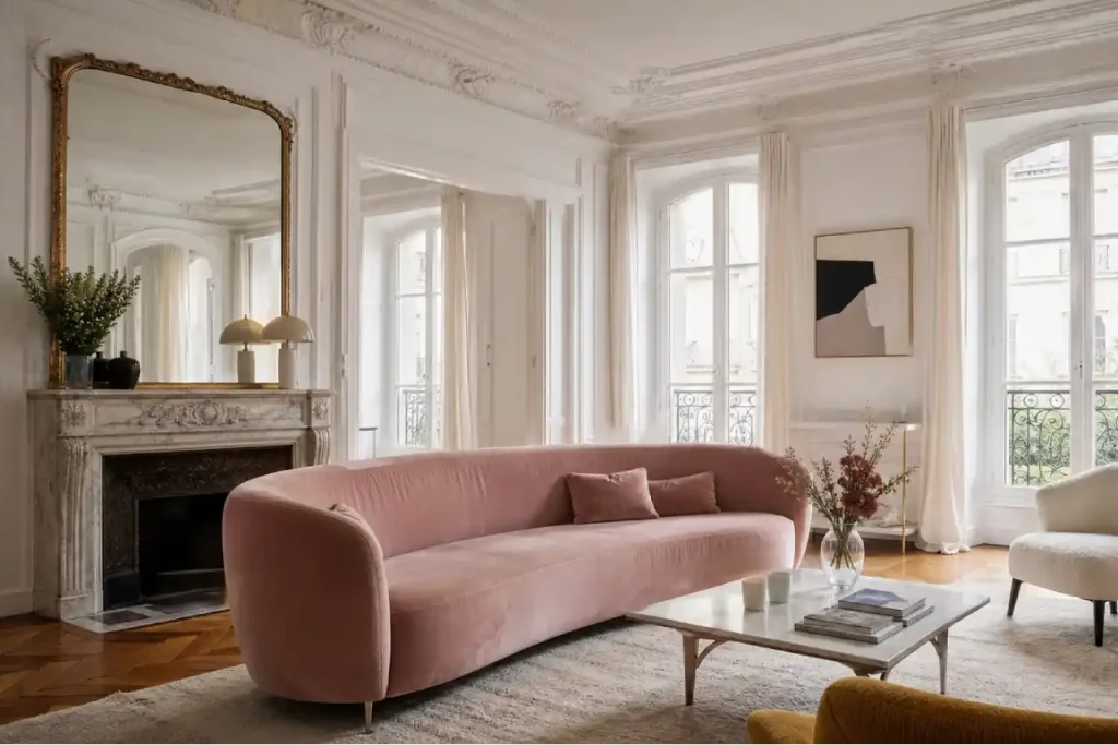 salon avec canapé rose poudré