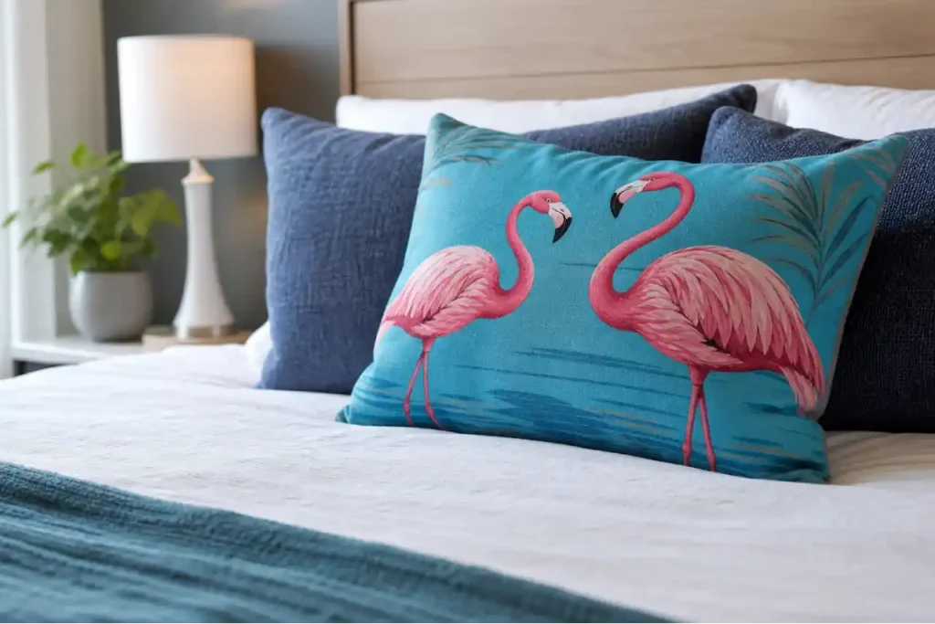 coussin bleu azur avec un imprimé flamant rose