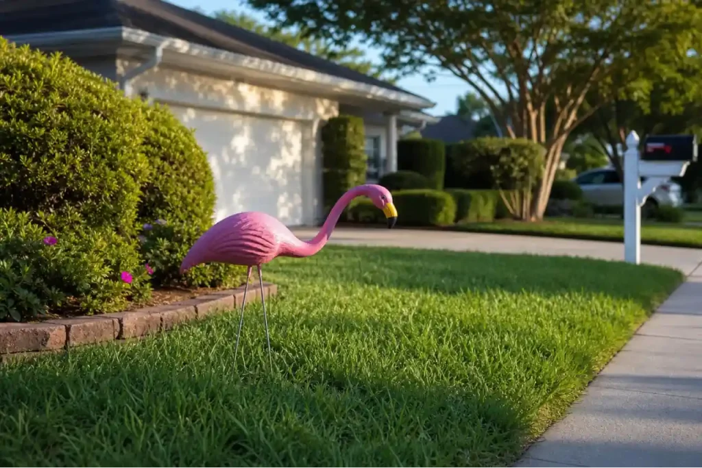  flamant rose en plastique de jardin américain de banlieue : so kitch !